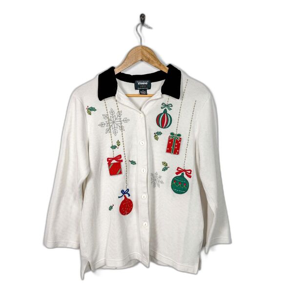 VTG 90s White Christmas Holiday Ornament Ribbon Snowflake Black Collar Cardigan - Picture 1 of 5